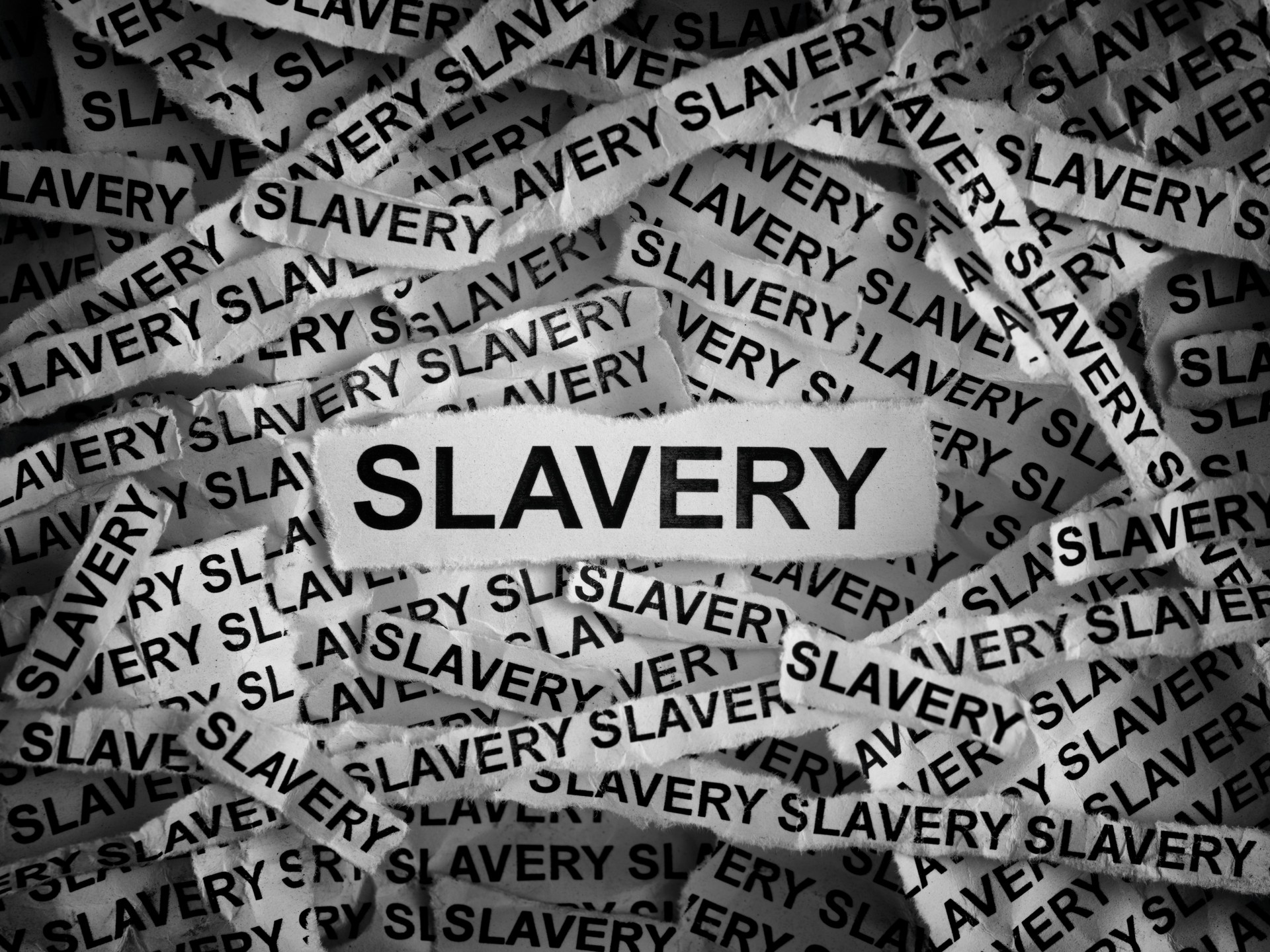 Torn pieces of paper with the words Slavery